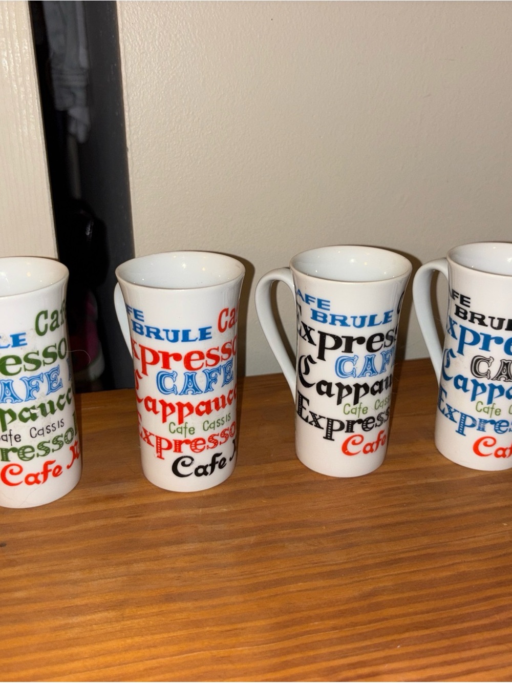 Assorted Color Word-Print Ceramic Coffee Mugs - Set of 4
